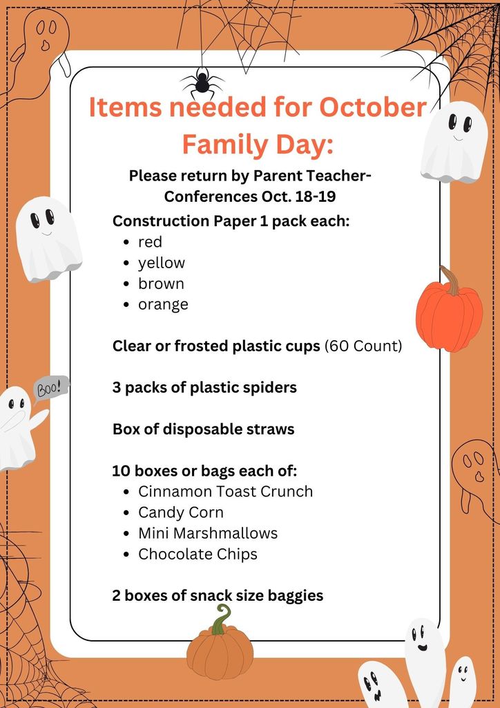October Family Day Materials list 